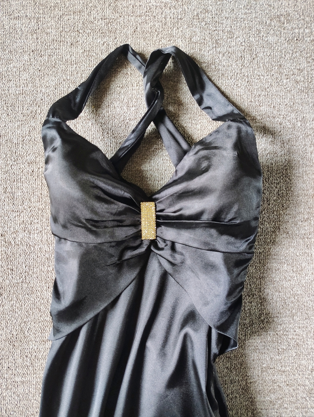 Ever-Pretty Black Satin Halter Maxi Dress Rhinestone broach Size S